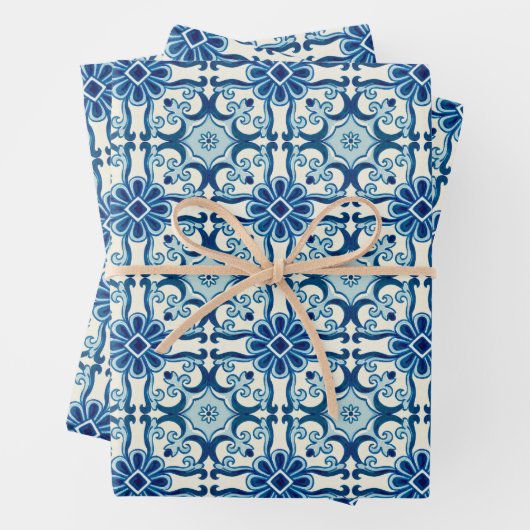 Portugees Azulejos Blue Floral Tile Pattern Inpakpapier Vel (In situ)