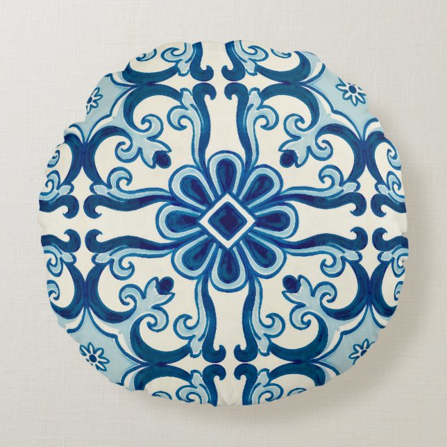 Portugees Azulejos Blue Floral Tile Pattern Rond Kussen (Voorkant)