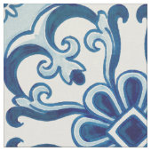 Portugees Azulejos Blue Floral Tile Pattern Stof (Close Up)