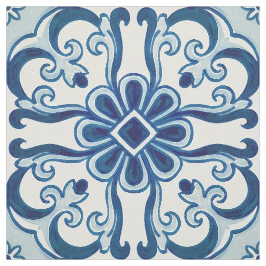 Portugees Azulejos Blue Floral Tile Pattern Stof (Swatch)