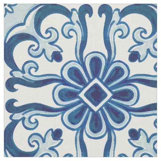 Portugees Azulejos Blue Floral Tile Pattern Stof (Close Up)