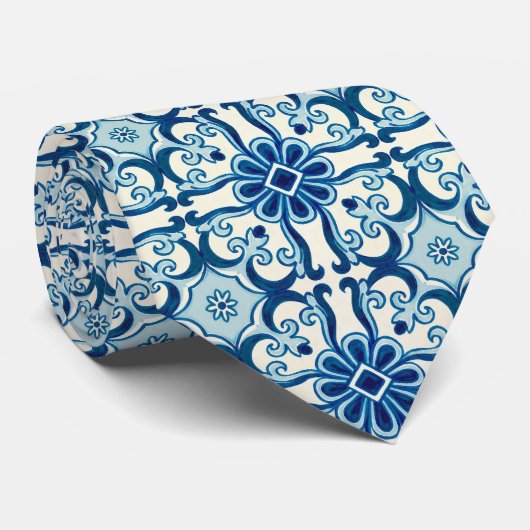 Portugees Azulejos Blue Floral Tile Pattern Stropdas (Opgerold)