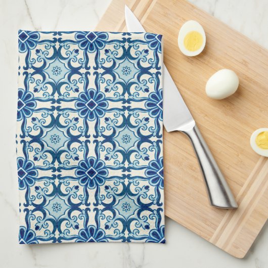 Portugees Azulejos Blue Floral Tile Pattern Theedoek (Quarter Fold)