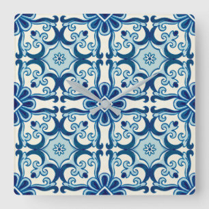 Portugees Azulejos Blue Floral Tile Pattern Vierkante Klok