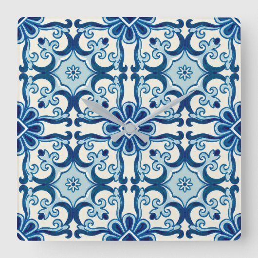 Portugees Azulejos Blue Floral Tile Pattern Vierkante Klok (Voorkant)