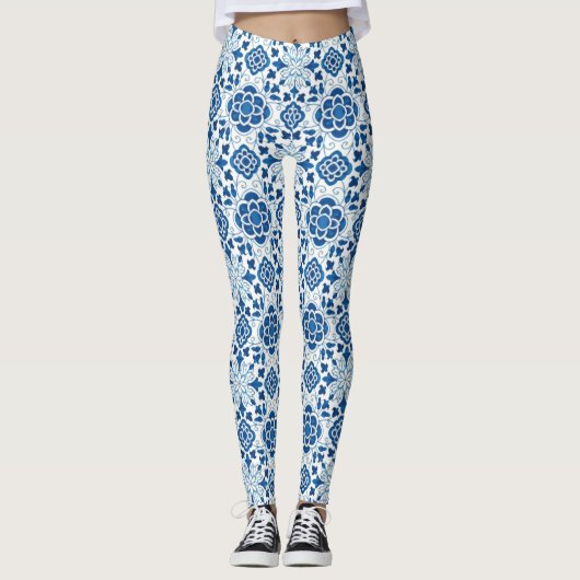  Portugees blauw Azulejos Tile Pattern Leggings (Voorkant)