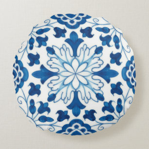 Portugees blauw Azulejos Tile Pattern Rond Kussen
