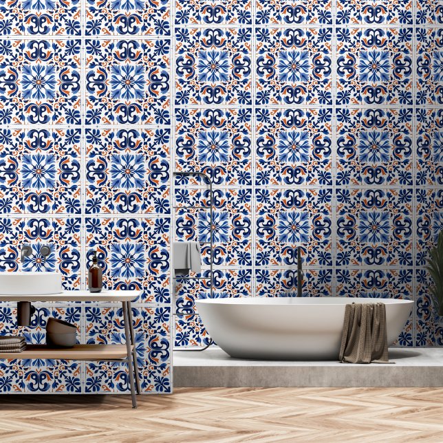 Portugees Blauw Rood Wit Azulejo Tegel Patroon Behang (Badkamer)