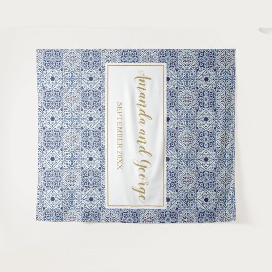 Portugees blauw tegels Bruiloft achtergrond Wandkleed (Voorkant (horizontaal))