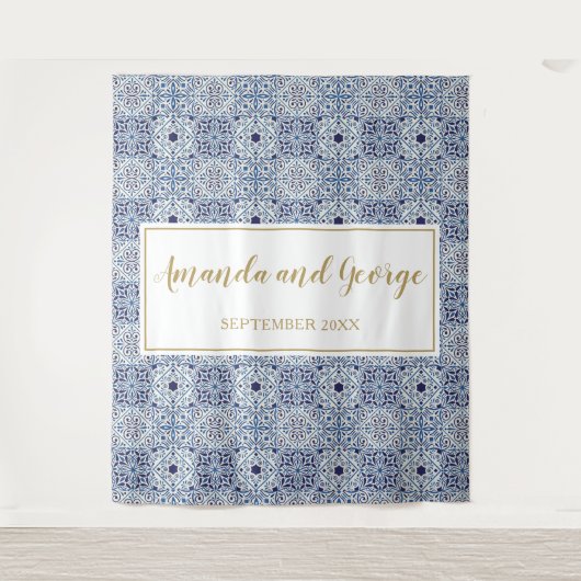 Portugees blauw tegels Bruiloft achtergrond Wandkleed (Voorkant)