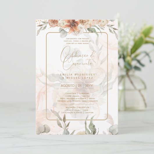 Portugees |  Boho Bruiloft Capim dos Pampas Kaart (Staand voorkant)