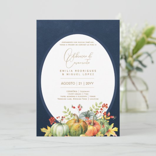 Portugees |  Herfst Pompoen Rustieke Trouwfeest Kaart (Staand voorkant)