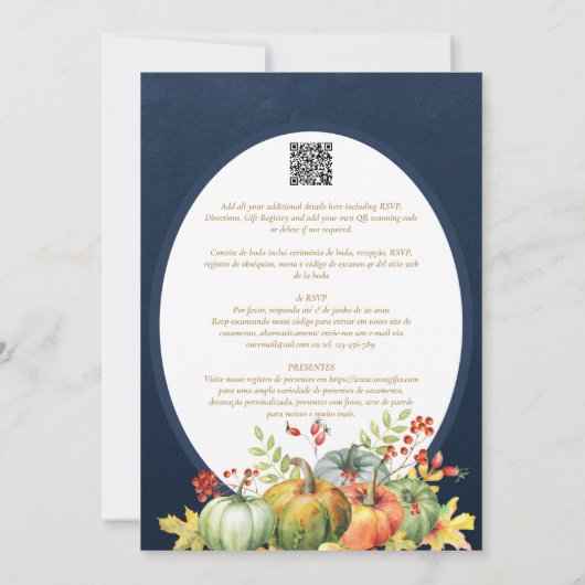 Portugees |  Herfst Pompoen Rustieke Trouwfeest Kaart (Achterkant)