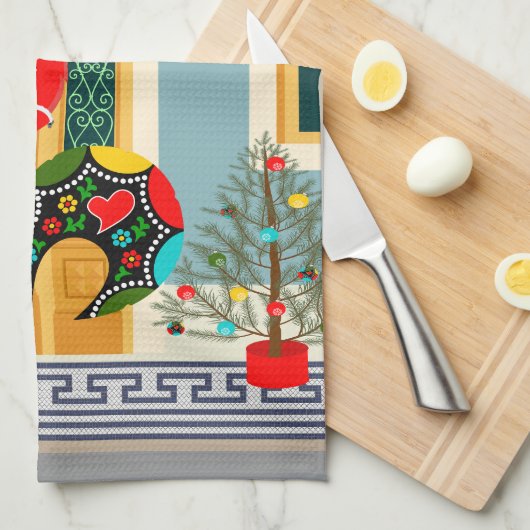 Portugees kerst ingericht huis met haan theedoek (Quarter Fold)