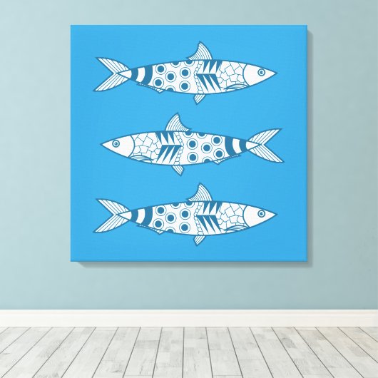 Portugees Lissabon Sardines Pattern Azulejos Blue Canvas Afdruk (Insitu (Houten vloer))