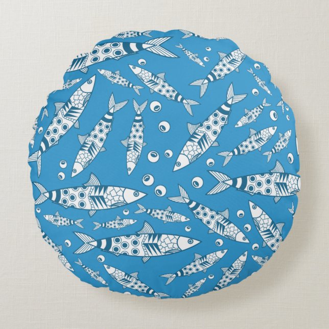 Portugees Lissabon Sardines Pattern Azulejos Blue Rond Kussen (Voorkant)