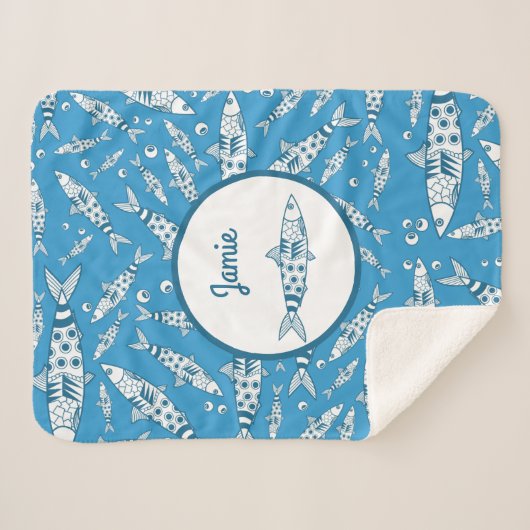 Portugees Lissabon Sardines Pattern Azulejos Blue Sherpa Deken (Voorkant (horizontaal))