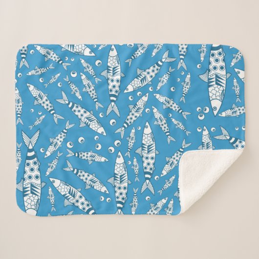 Portugees Lissabon Sardines Pattern Azulejos Blue Sherpa Deken (Voorkant (horizontaal))