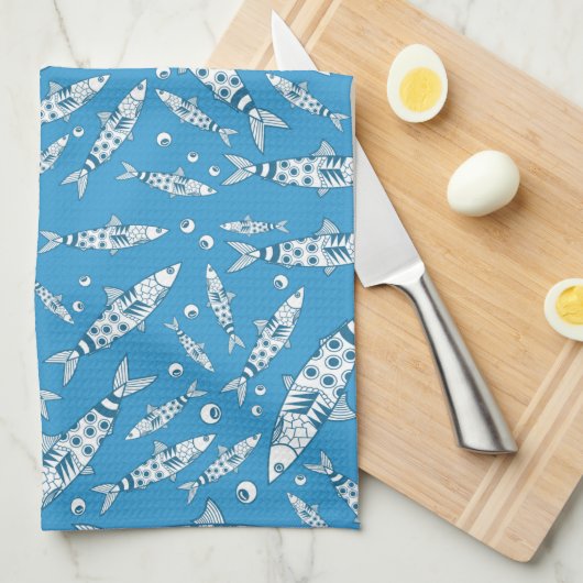Portugees Lissabon Sardines Pattern Azulejos Blue Theedoek (Quarter Fold)