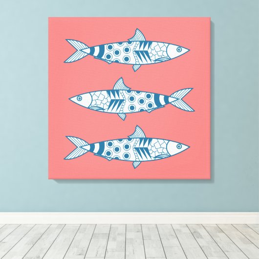 Portugees Lissabon Sardines Pattern Azulejos Pink Canvas Afdruk (Insitu (Houten vloer))