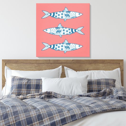 Portugees Lissabon Sardines Pattern Azulejos Pink Canvas Afdruk (Insitu (Slaapkamer))