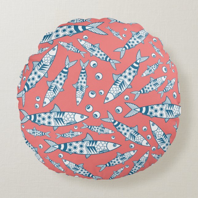Portugees Lissabon Sardines Pattern Azulejos Pink Rond Kussen (Voorkant)