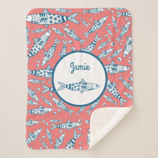 Portugees Lissabon Sardines Pattern Azulejos Pink Sherpa Deken (Voorkant)