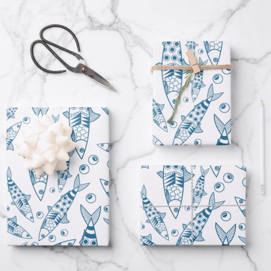 Portugees Lissabon Sardines Pattern Azulejos White Inpakpapier Vel (Voorkant)