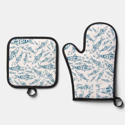 Portugees Lissabon Sardines Pattern Azulejos White Ovenwant & Pannenlap Set (Voorkant)