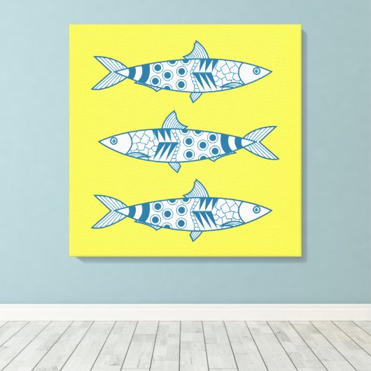 Portugees Lissabon Sardines Pattern Azulejos Yello Canvas Afdruk (Insitu (Houten vloer))