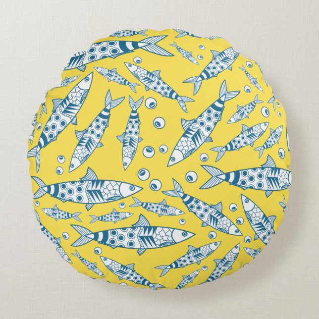 Portugees Lissabon Sardines Pattern Azulejos Yello Rond Kussen (Voorkant)