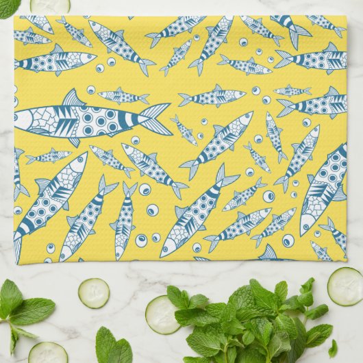 Portugees Lissabon Sardines Pattern Azulejos Yello Theedoek (Gevouwen)