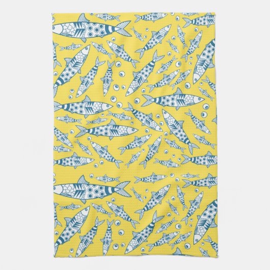 Portugees Lissabon Sardines Pattern Azulejos Yello Theedoek (Verticaal)