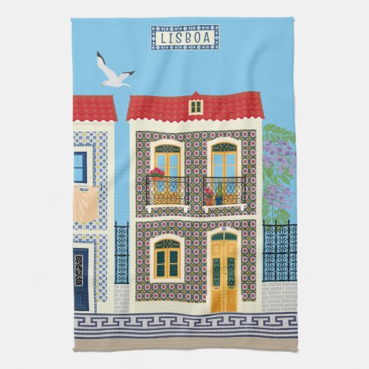 Portugees mooie huizen met tegels of azulejos theedoek (Verticaal)