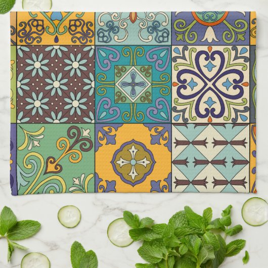 Portugees Talavera Tegel Design Theedoek (Gevouwen)