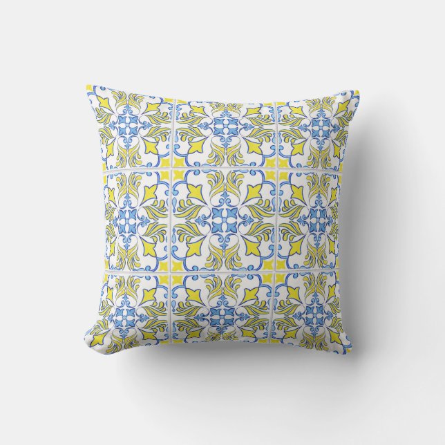 Portugees Tegel Pattern Yellow White Blue Buitenkussen (Voorkant)