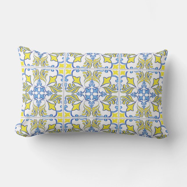 Portugees Tegel Pattern Yellow White Blue Outdoor Buitenkussen (Voorkant)