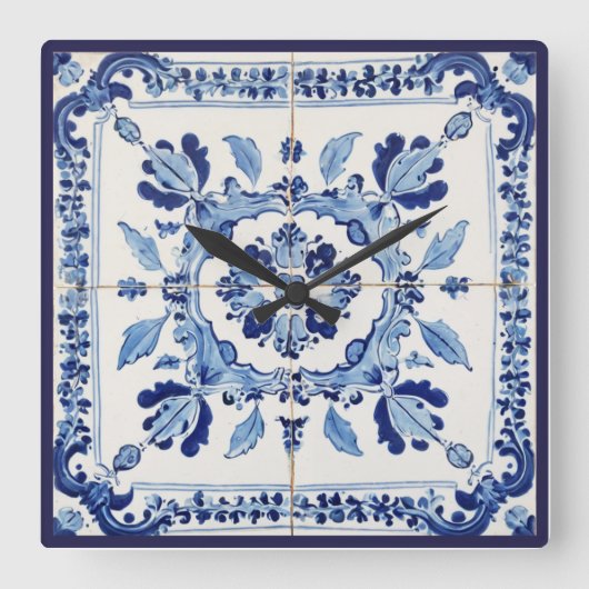 Portugees Tegels Azulejos  blauw en wit Vierkante Klok (Voorkant)