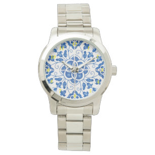 Portugees Tegels Azulejos Floral Elegant Blauw Horloge