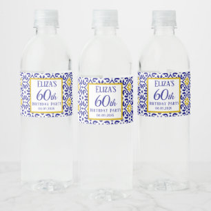 Portugees Tegels Blauw 60e Verjaardag Mediterraan Waterfles Etiket