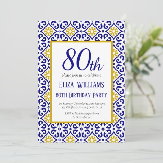 Portugees Tegels Blauw 80e Verjaardag Mediterraan Kaart (Staand voorkant)