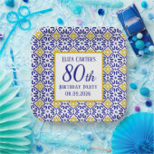 Portugees Tegels Blauw 80e Verjaardag Mediterraan Papieren Bordje (Feest)