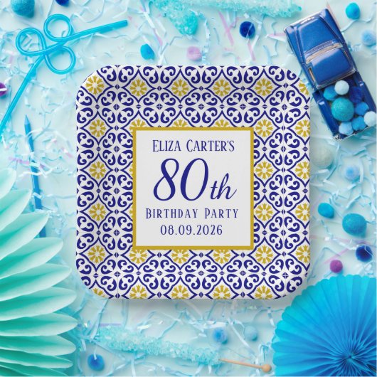 Portugees Tegels Blauw 80e Verjaardag Mediterraan Papieren Bordje (Feest)