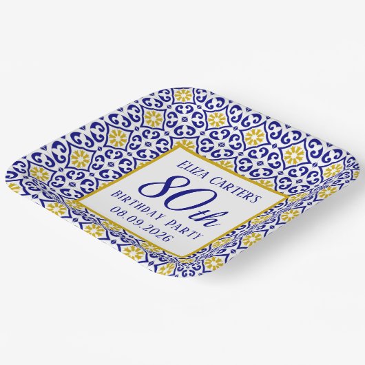 Portugees Tegels Blauw 80e Verjaardag Mediterraan Papieren Bordje (Gebogen)