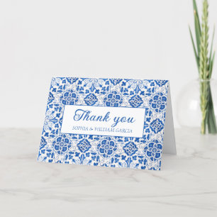 Portugees Tegels Blauw Bloemen Bruiloft Dank u Bedankkaart