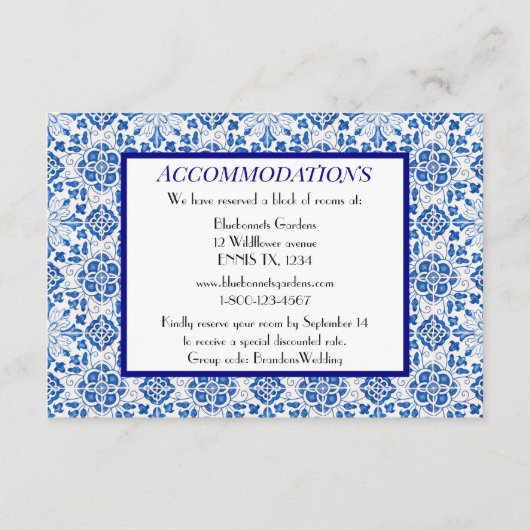 Portugees tegels Blauw Bruiloft Accommodaties Informatiekaartje (Voorkant)