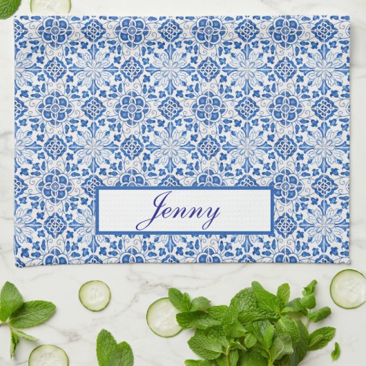 Portugees Tegels Blauw Mediterraan Bloemen Theedoek (Gevouwen)