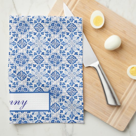 Portugees Tegels Blauw Mediterraan Bloemen Theedoek (Quarter Fold)