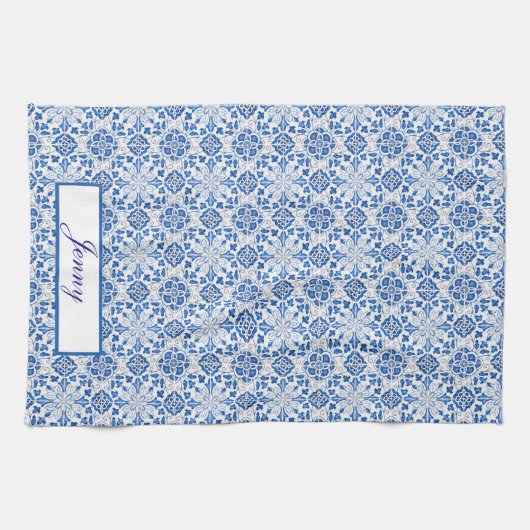 Portugees Tegels Blauw Mediterraan Bloemen Theedoek (Horizontaal)