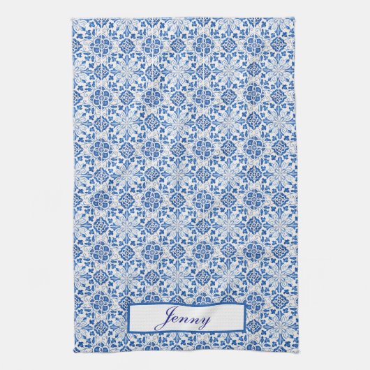 Portugees Tegels Blauw Mediterraan Bloemen Theedoek (Verticaal)